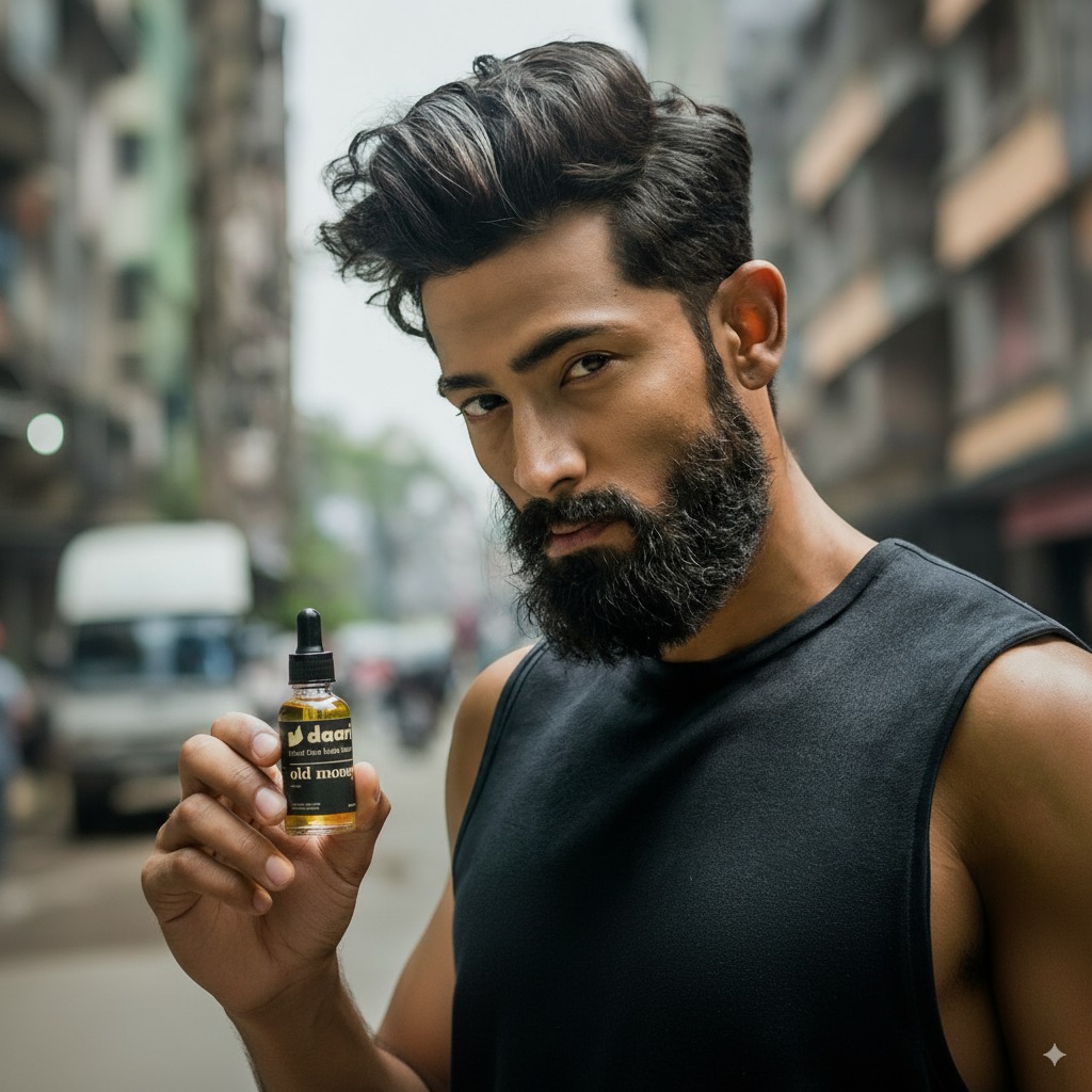Man with Daari's Old Money Beard Oil in Hand